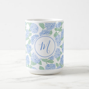 Taza De Café Elegante Hydrangea Azul Verde Preppy Personalizada