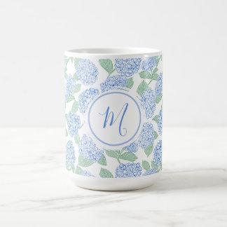 Taza De Café Elegante Hydrangea Azul Verde Preppy Personalizada
