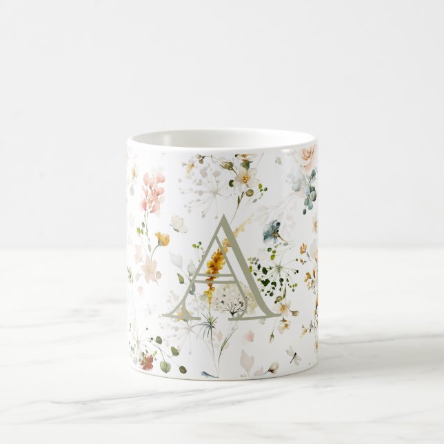 Taza De Café Elegante Jardín de Flores Monograma Café Mug (Centro)