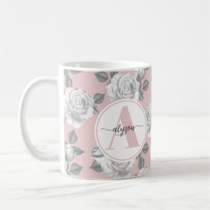 Taza De Café Elegante jardín de Rosa en honda rosa de Monograma