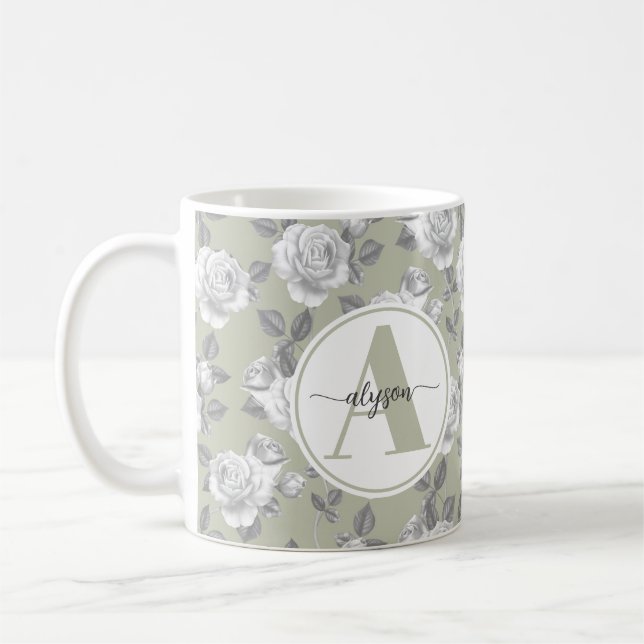 Taza De Café Elegante jardín de Rosa en una mezcolanza de monog (Izquierda)