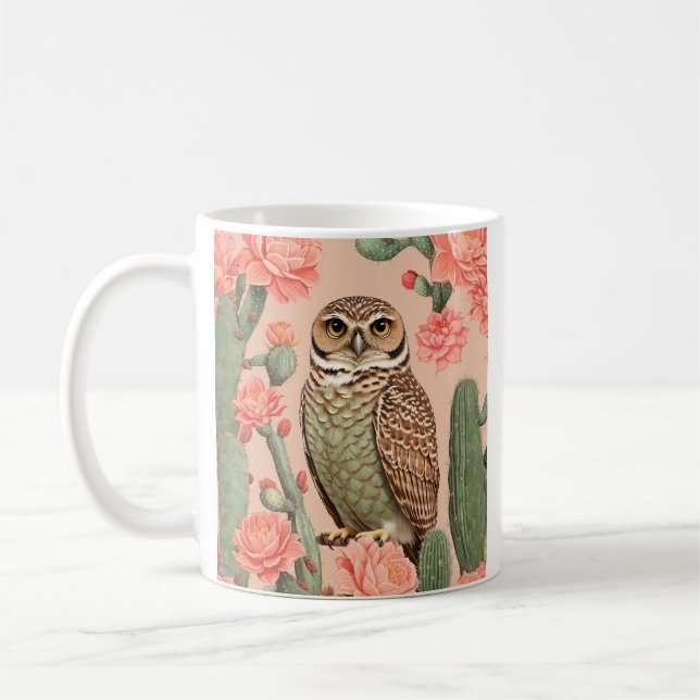 Taza De Café Elegante Lechuza Y Cactús (Izquierda)