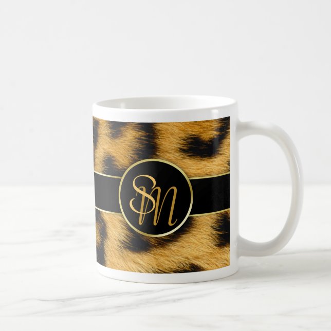 Taza De Café Elegante Leopard Print Monograma Script - Mug (Derecha)