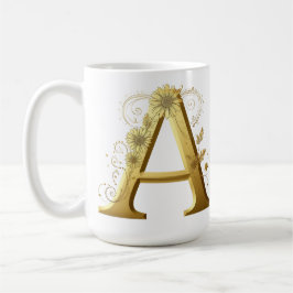 Taza De Café Elegante letra A dorada con diseño floral