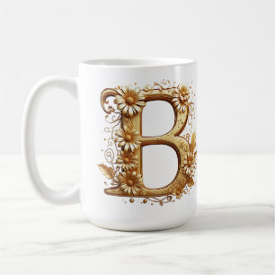Taza De Café Elegante letra B dorada con diseño floral