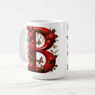 Taza De Café Elegante letra B roja por Rosas y Mariposa