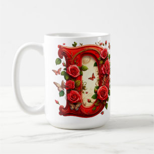Taza De Café Elegante letra D roja con rosas y mariposa