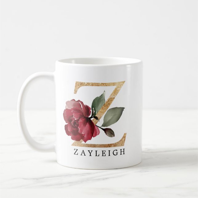 Taza De Café Elegante letra de flor de Borgoña dorada Z (Izquierda)