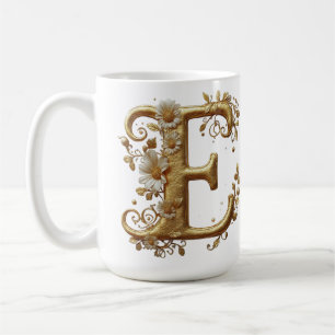 Taza De Café Elegante letra E dorada con diseño floral