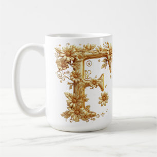 Taza De Café Elegante letra F dorada con adornos florales