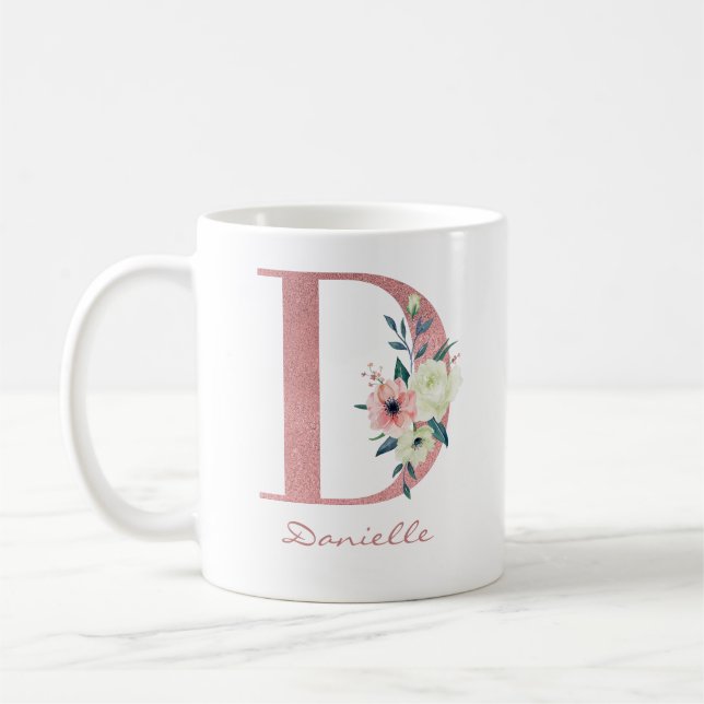 Taza De Café Elegante letra floral D rosa y marfil Bouquet (Izquierda)
