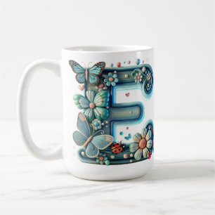 Taza De Café Elegante letra floral E con mariposas