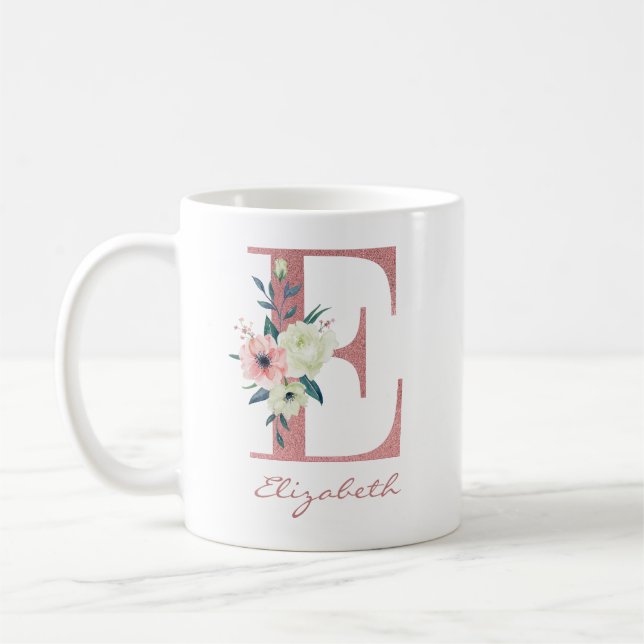 Taza De Café Elegante letra floral E rosa y marfil Bouquet (Izquierda)
