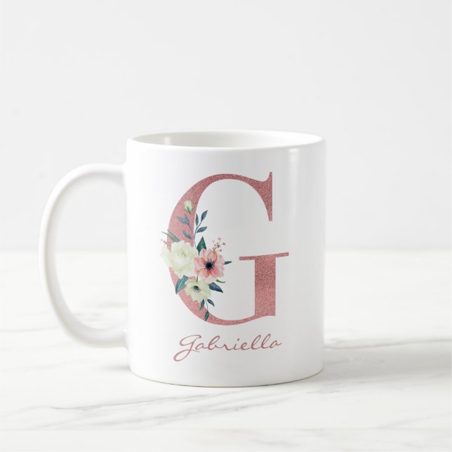 Taza De Café Elegante Letra floral G Rosa y Bouquet marfileño (Izquierda)