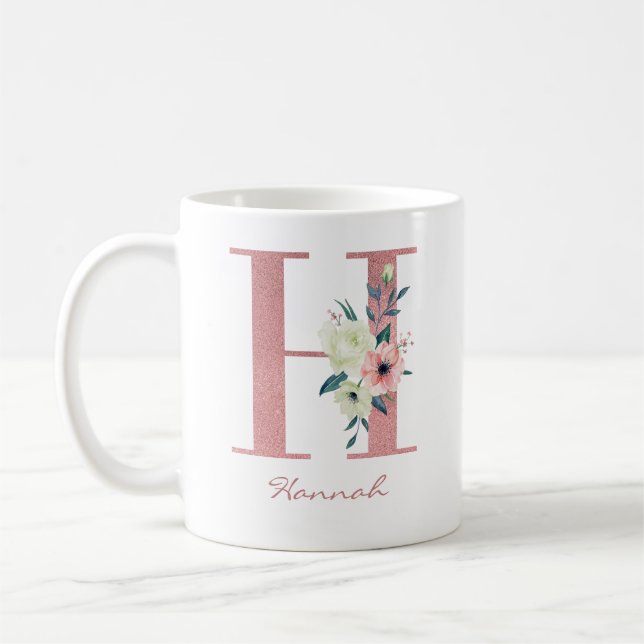 Taza De Café Elegante letra floral H rosa y marfil Bouquet (Izquierda)