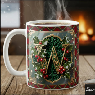 Taza De Café Elegante letra inicial de Navidad de acebo dorado