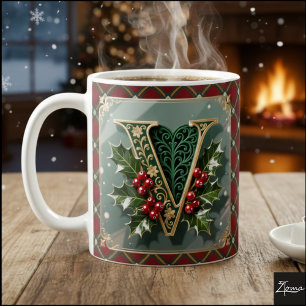 Taza De Café Elegante letra inicial de Navidad de acebo en oro