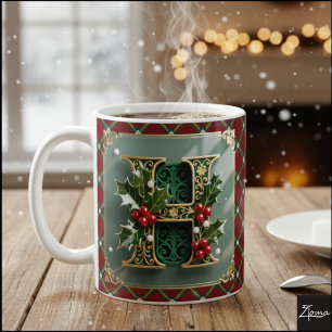 Taza De Café Elegante letra inicial de Navidad de acebo en oro