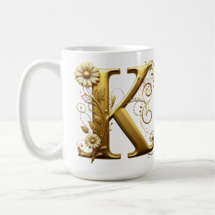 Taza De Café Elegante letra K dorada con adornos florales