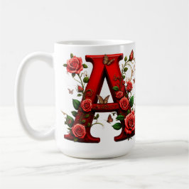 Taza De Café Elegante letra roja A con rosas y mariposa