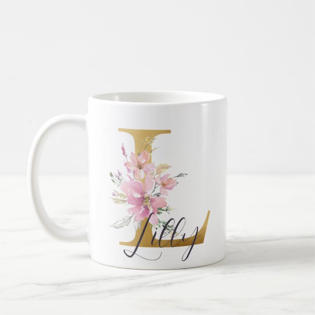 Taza De Café Elegante Letra rosa floral dorada monograma L (Izquierda)