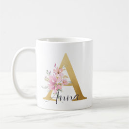 Taza De Café Elegante Letra rosa floral Gold Monograma A