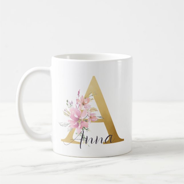 Taza De Café Elegante Letra rosa floral Gold Monograma A (Izquierda)