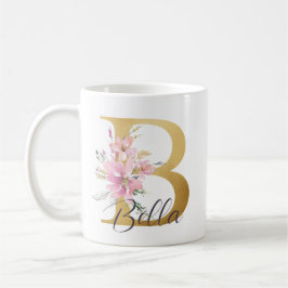 Taza De Café Elegante Letra rosa floral Gold Monograma B