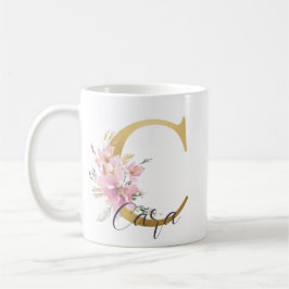 Taza De Café Elegante Letra rosa floral Gold Monograma C