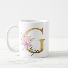 Taza De Café Elegante Letra rosa floral Gold Monograma G