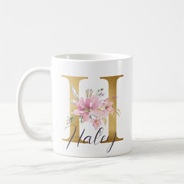 Taza De Café Elegante Letra rosa floral Gold Monograma H (Izquierda)