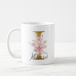 Taza De Café Elegante Letra rosa floral Gold Monograma I