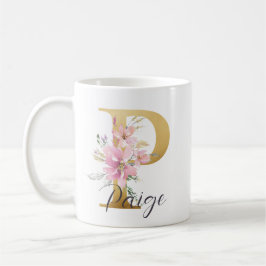 Taza De Café Elegante Letra rosa floral Gold Monograma P