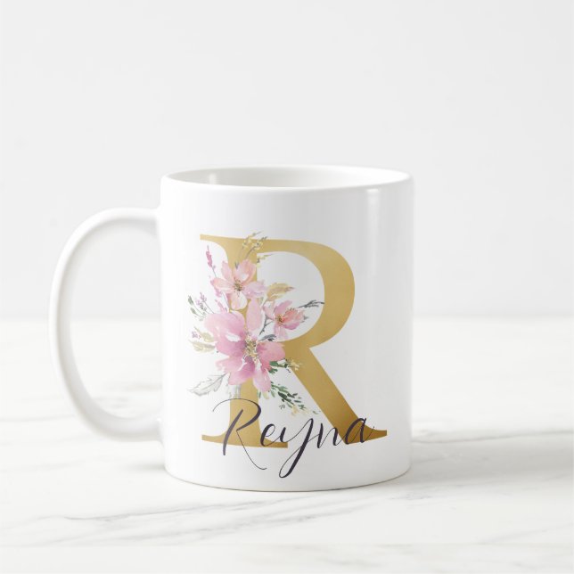 Taza De Café Elegante Letra rosa floral Gold Monograma R (Izquierda)