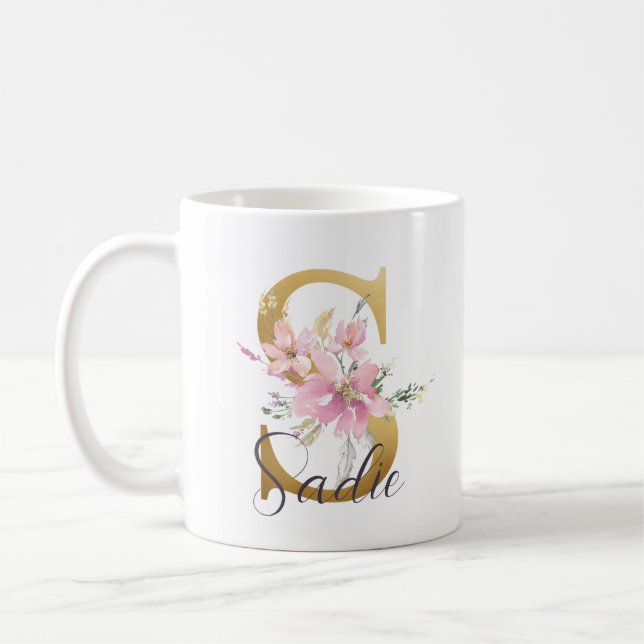 Taza De Café Elegante Letra rosa floral Gold Monograma S (Izquierda)
