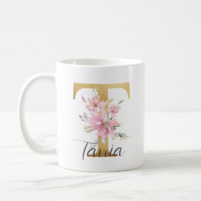 Taza De Café Elegante Letra rosa floral Gold Monograma T (Izquierda)