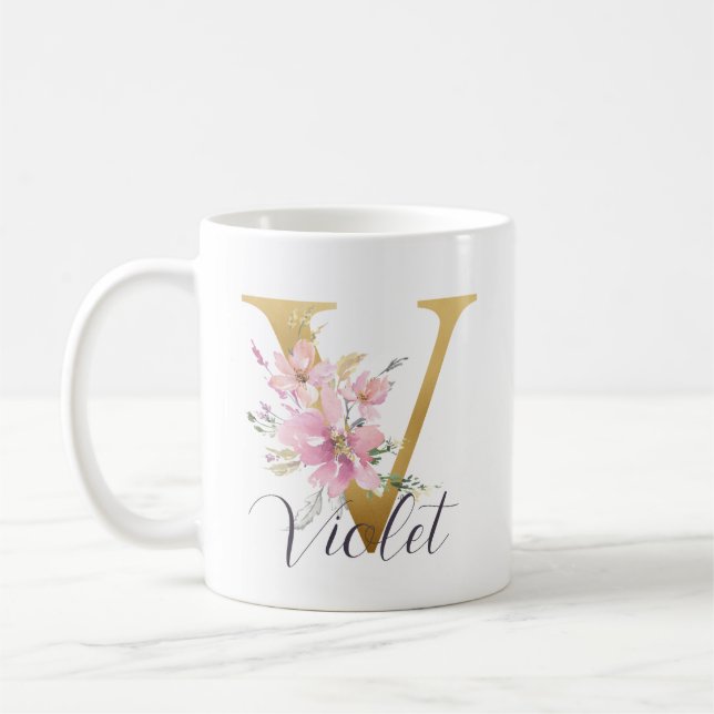 Taza De Café Elegante Letra rosa floral Gold Monograma V (Izquierda)