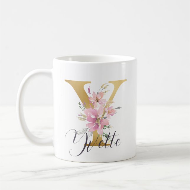 Taza De Café Elegante Letra rosa floral Gold Monograma Y (Izquierda)