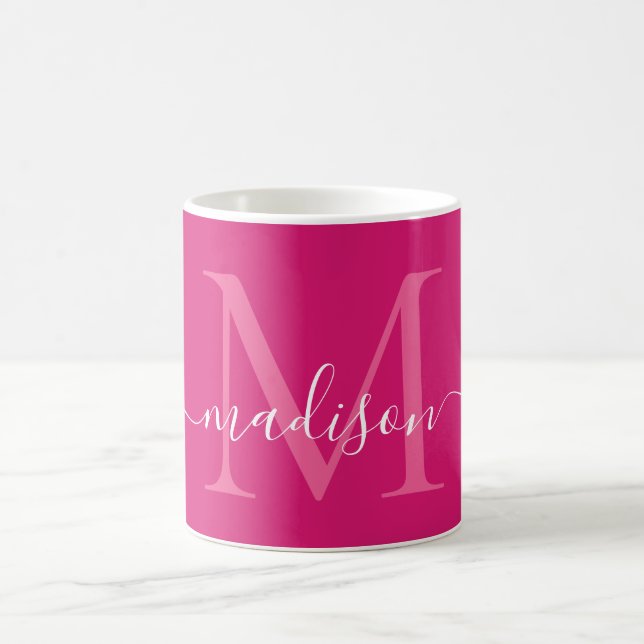 Taza De Café Elegante manuscrito de monograma blanco magenta ro (Centro)