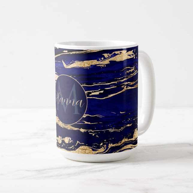 Taza De Café Elegante Marble abstracto de oro azul (Anverso derecho)