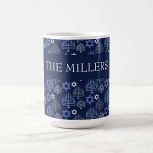 Taza De Café Elegante Menorá Azul de Hanukkah Patrón Festivo