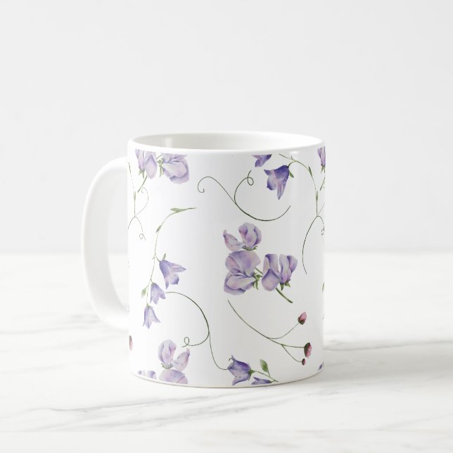 Taza De Café Elegante Moda Blanca Morado Floral (Anverso izquierdo)