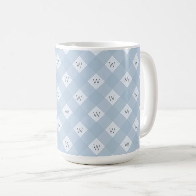 Taza De Café Elegante Modelo Monogramado Azul, Blanco Ajedado (Anverso derecho)