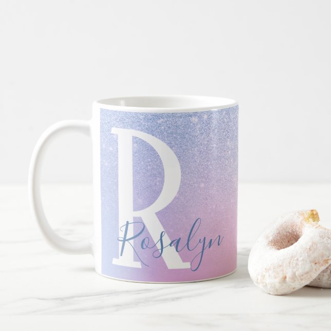 Taza De Café Elegante moderno estilo ombre azul brillo arcoíris (Con donut)