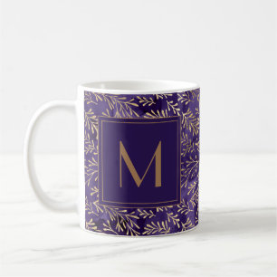 Taza De Café Elegante Moderno Monograma de Hojas de Oro Púrpura
