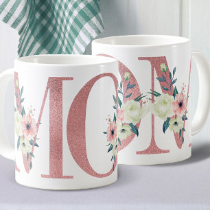 Taza De Café Elegante MOM Purpurina rosa acuarela Floral