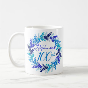 Taza De Café Elegante Monograma Blue Wreath 100 cumpleaños