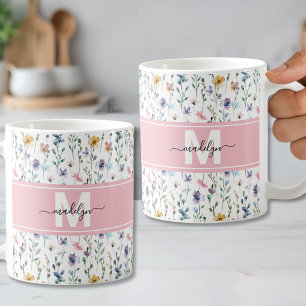 Taza De Café Elegante monograma botánico floral de letra script