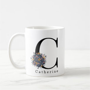 Taza De Café Elegante Monograma Botánico Floral   Texto Persona