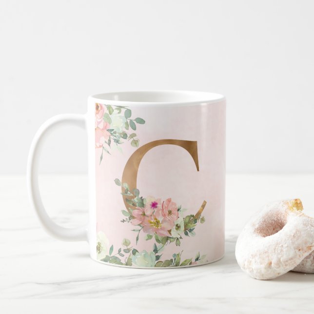 Taza De Café Elegante Monograma C de Floral Rosa Mug (Con donut)